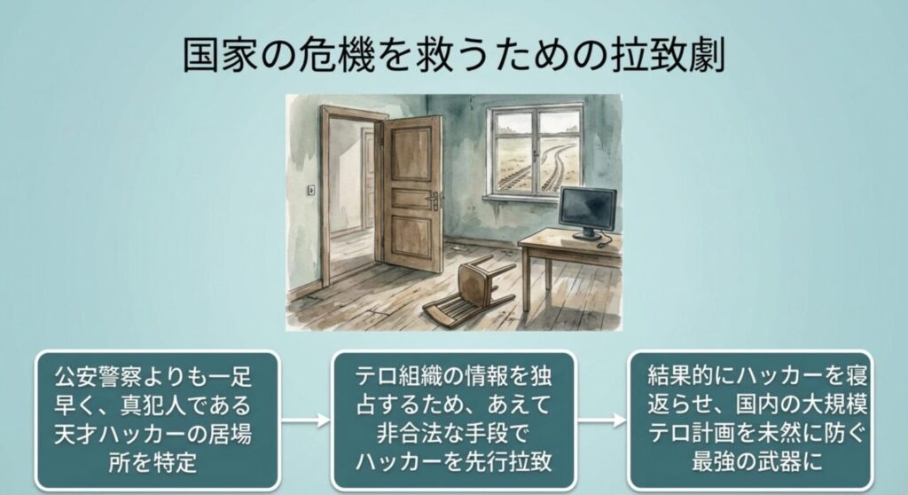 窓の外に車の轍が残る、拉致された直後の荒らされたアジト