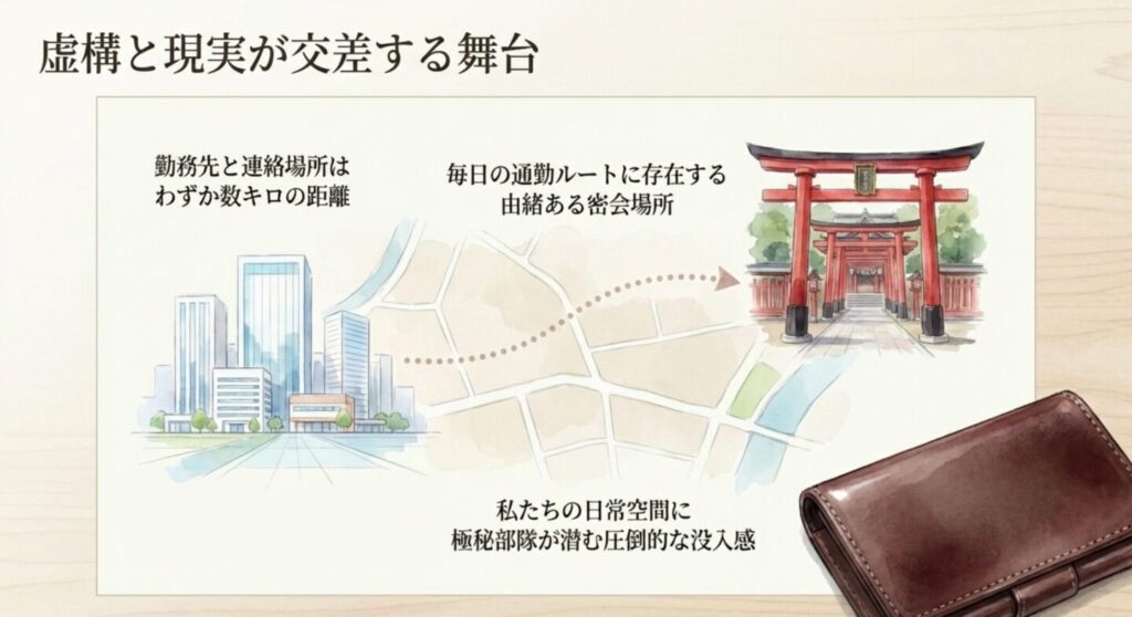 神田明神を思わせる美しい朱色の鳥居が連なる神社の風景