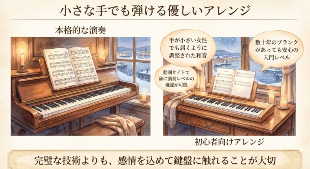 小さな手や初心者でも弾けるように調整された優しい楽譜アレンジ