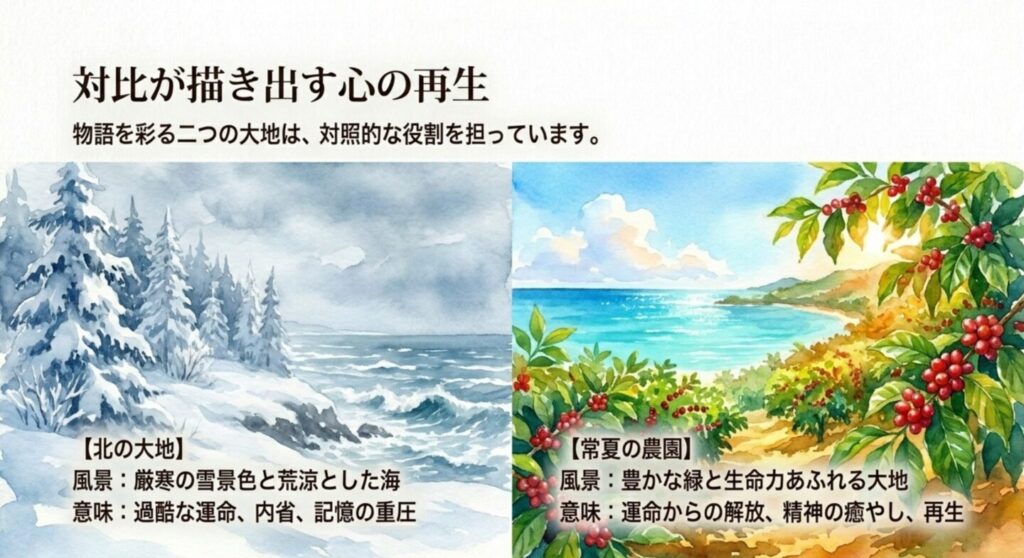 北の大地と常夏の農園の対比が描き出す心の再生