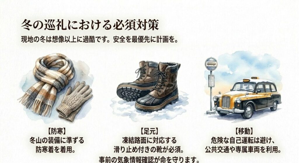 冬の北海道巡礼における防寒着やスノーブーツなどの必須対策