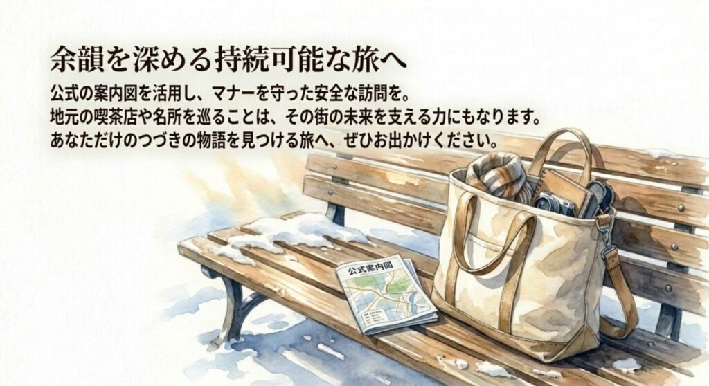 公式案内図とカバンが置かれた雪のベンチ