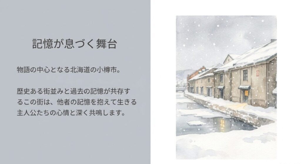 雪が降る小樽運河沿いの歴史的な石造り倉庫群