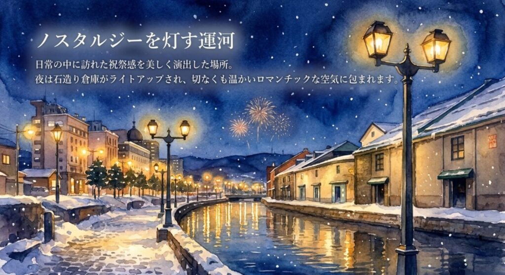 夜にライトアップされたノスタルジックな小樽運河