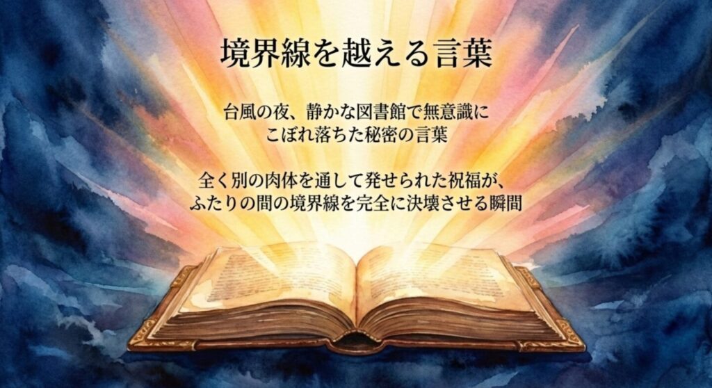 台風の夜の図書館で境界線を越えた秘密の言葉のシーン