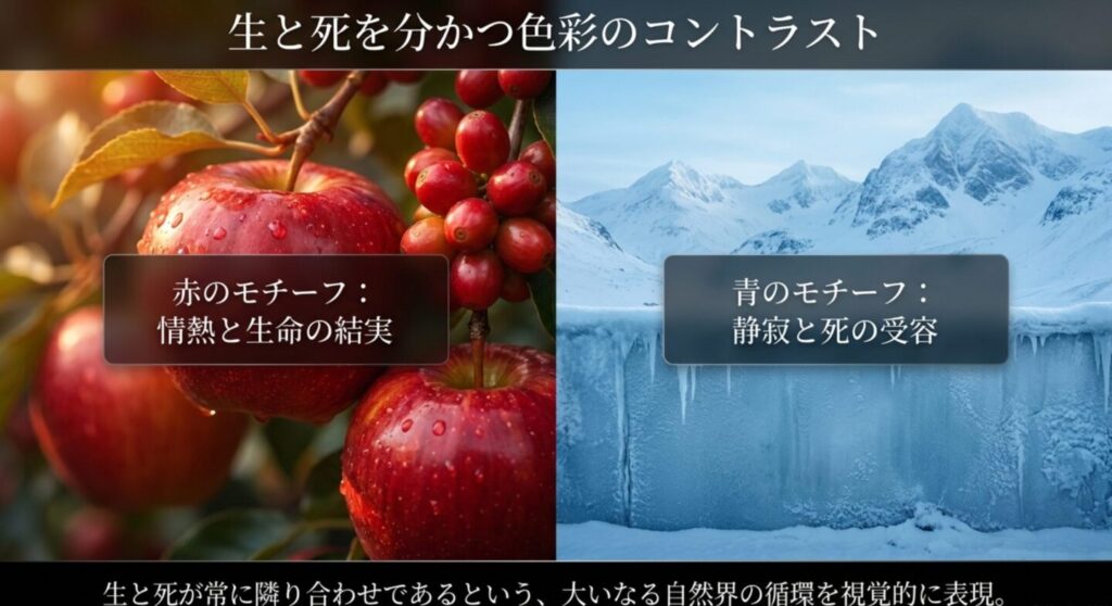 生と死を分かつ色彩のコントラスト - 赤と青のモチーフ