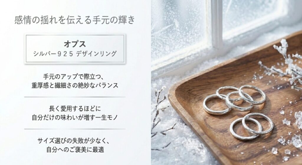 木製トレイの上に並べられた、有村架純着用風のシンプルなシルバーリング