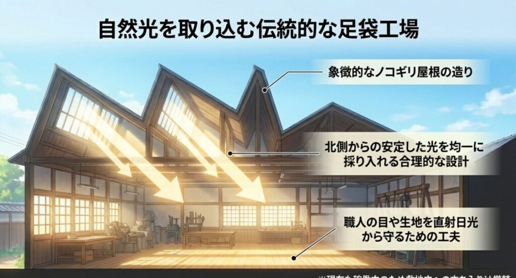 ノコギリ屋根が特徴的な伝統的足袋工場