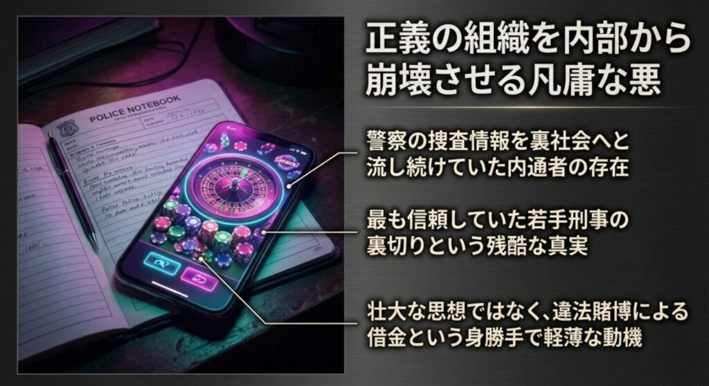 正義の組織を内部から崩壊させる警察スパイの凡庸な悪