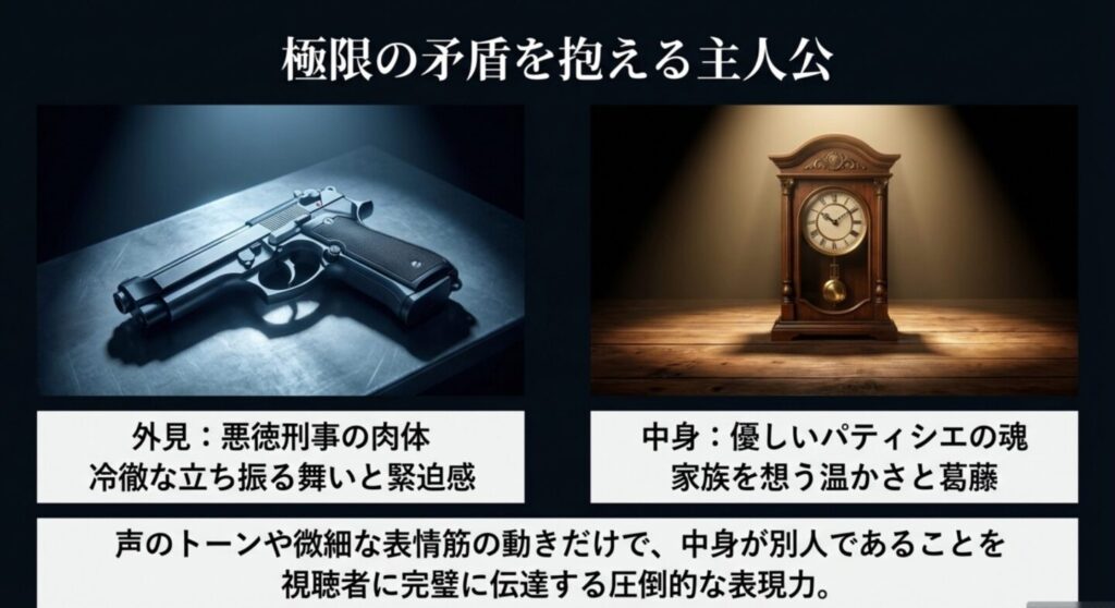悪徳刑事の肉体とパティシエの魂を持つ主人公の矛盾