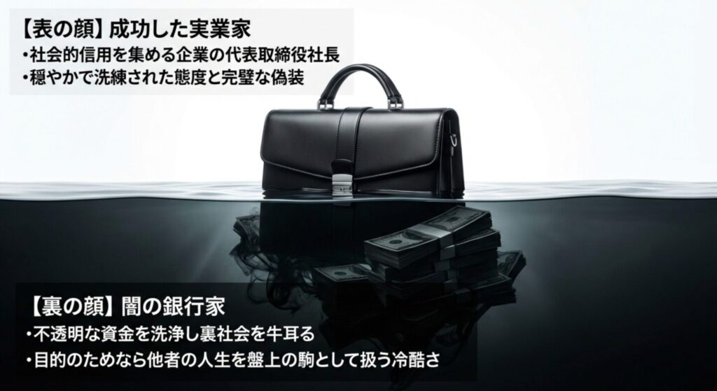 合六亘の成功した実業家としての表の顔と闇の銀行家としての裏の顔の比較