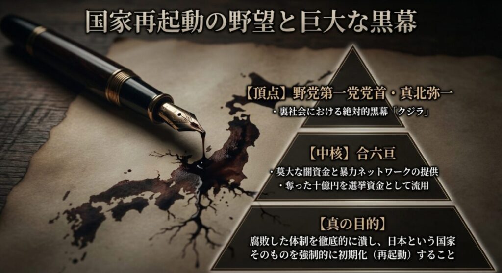 黒幕である野党第一党党首の真北弥一と合六が企む国家再起動の野望