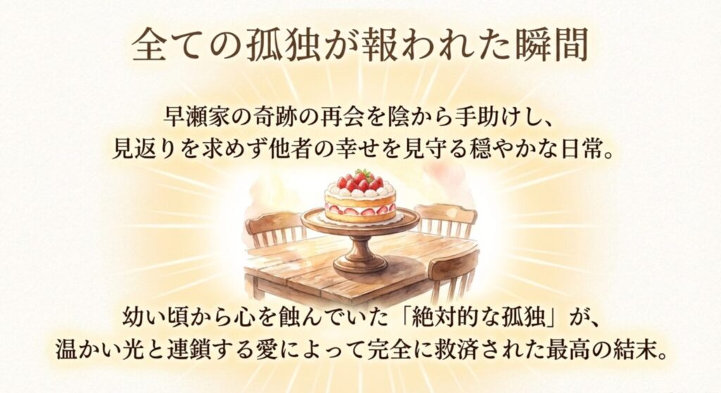 早瀬家の奇跡の再会と冬橋の絶対的な孤独の終わりを象徴するハヤセ洋菓子店のいちごのショートケーキ