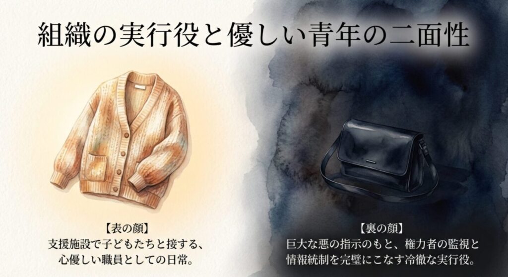 NPO法人しぇるたーで働く冬橋航の心優しい表の顔を象徴するニットカーディガン