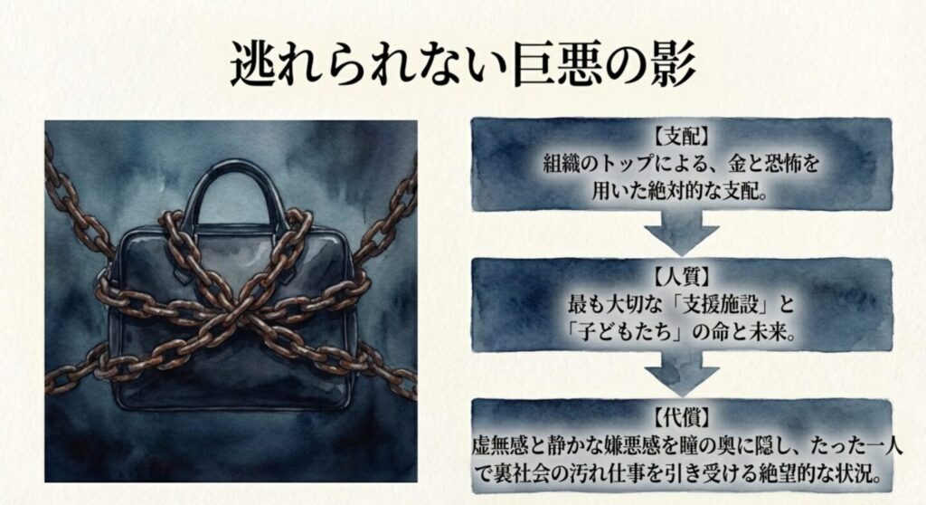 合六亘による恐怖の支配と裏社会の実行役として縛り付けられた冬橋を象徴する鎖に巻かれた黒いバッグ