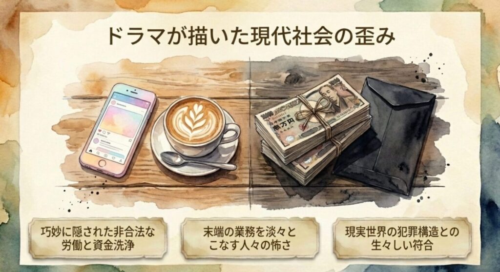 ドラマが描いた現代社会の歪み、巧妙に隠された非合法な労働と資金洗浄のスライド