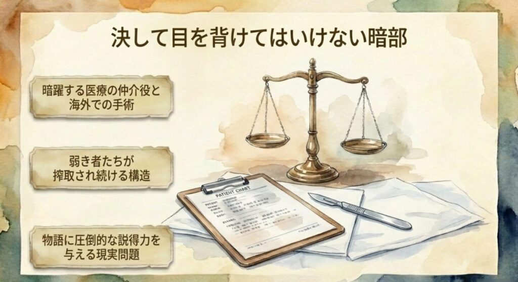 決して目を背けてはいけない暗部、暗躍する医療の仲介役と海外での手術のスライド