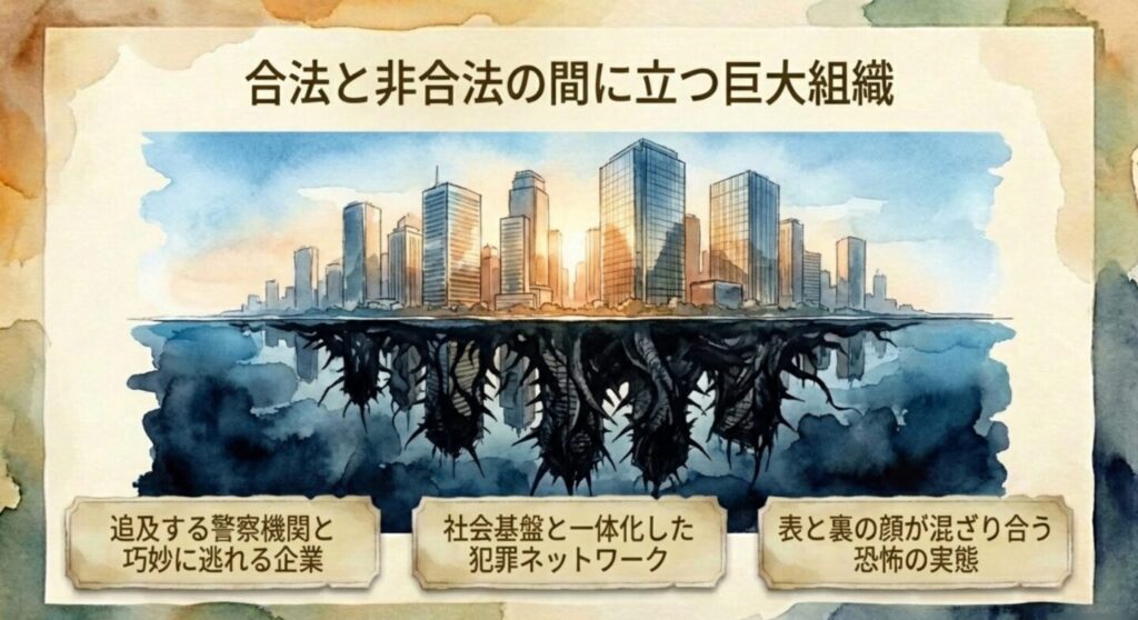 合法と非合法の間に立つ巨大組織、表と裏の顔が混ざり合う恐怖の実態スライド