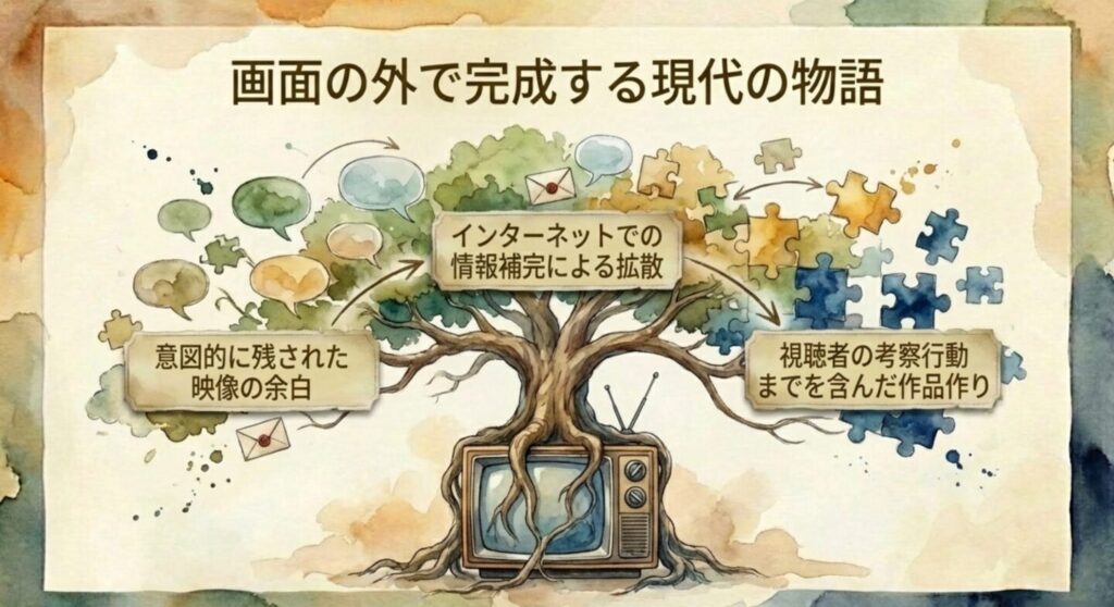 画面の外で完成する現代の物語、インターネットでの情報補完による拡散のスライド