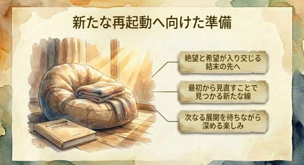 新たな再起動へ向けた準備、絶望と希望が入り交じる結末の先へ向かうスライド