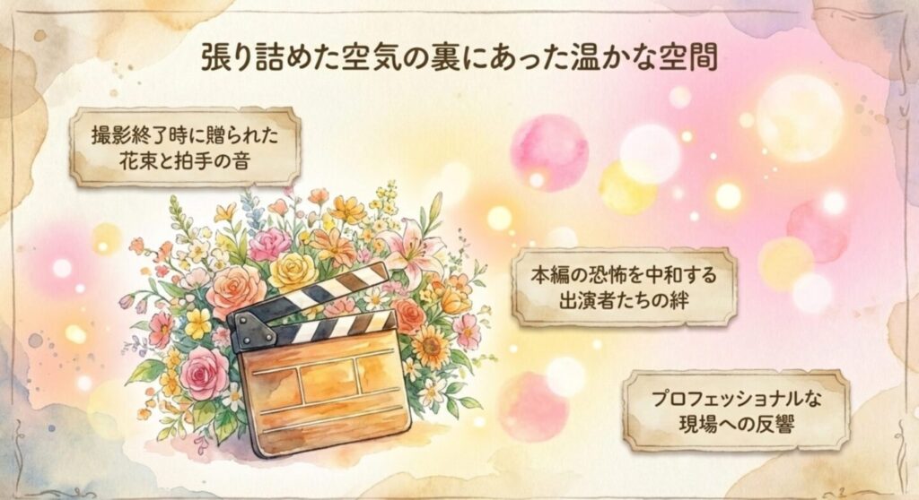 張り詰めた空気の裏にあった温かな空間、撮影終了時に贈られた花束と拍手の音を描いたイラスト