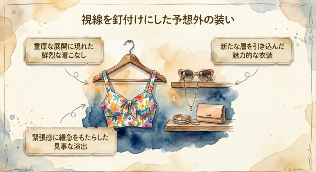 重厚な展開に現れた鮮烈な着こなし、視線を釘付けにした予想外の装いを描いたイラスト