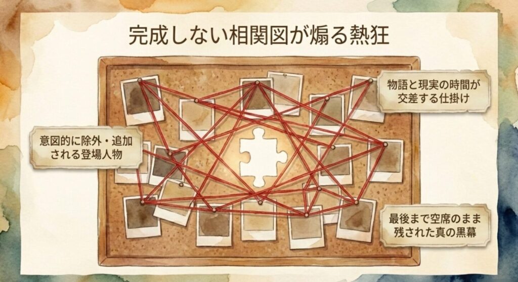 意図的に除外・追加される登場人物と完成しない相関図を描いたイラスト