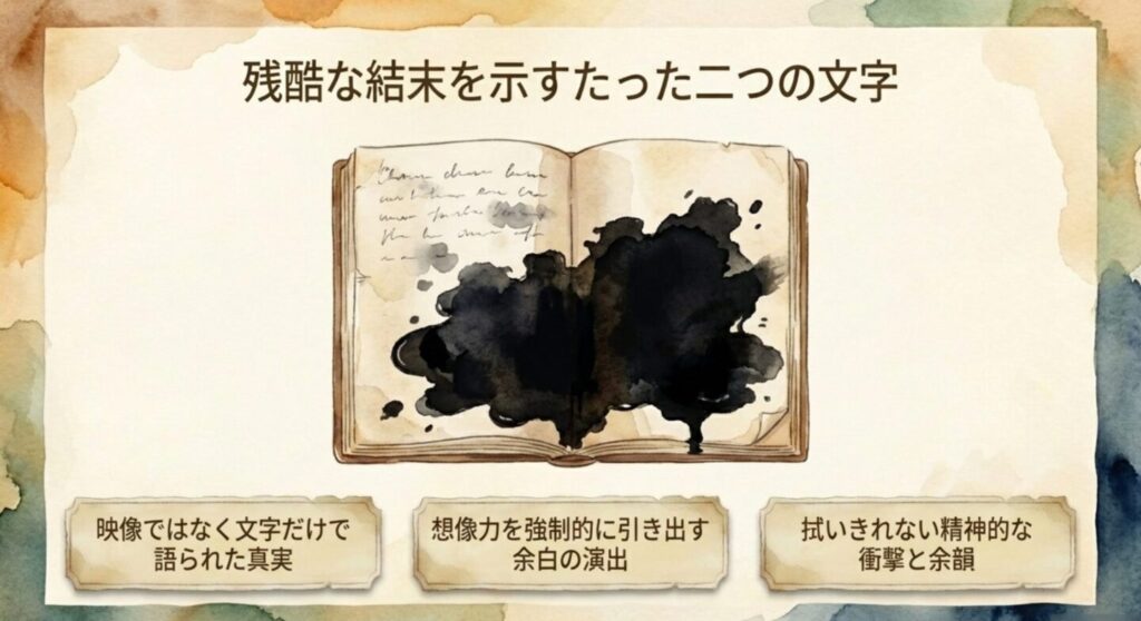 残酷な結末を示すたった二つの文字、黒いインクがこぼれた本を描いたイラスト
