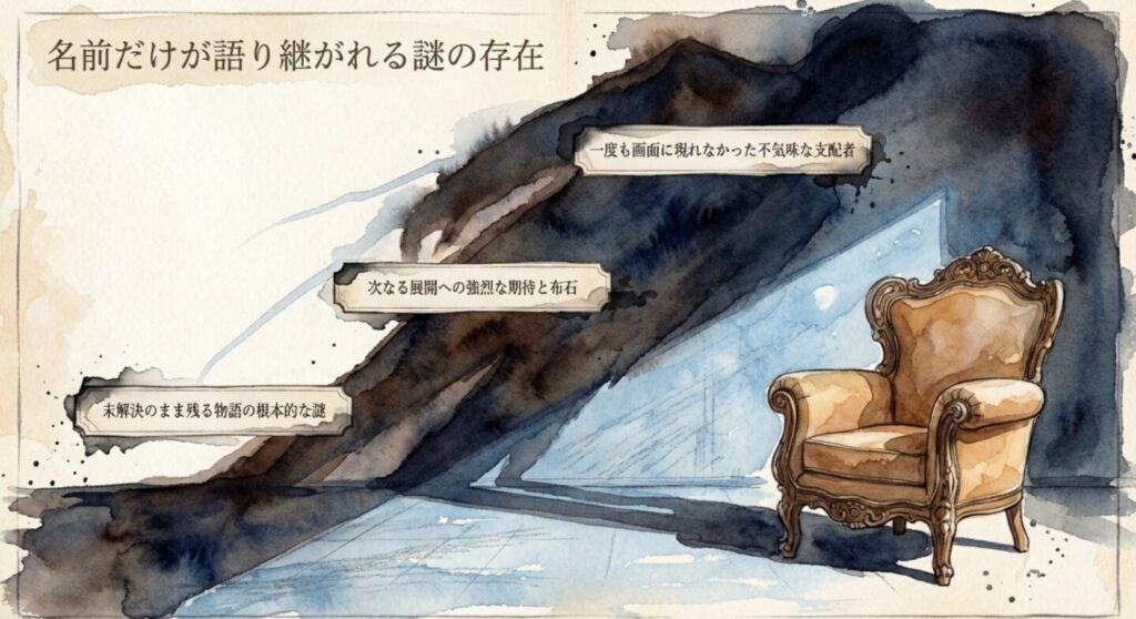名前だけが語り継がれる謎の存在、誰も座っていないアンティークチェアのイラスト