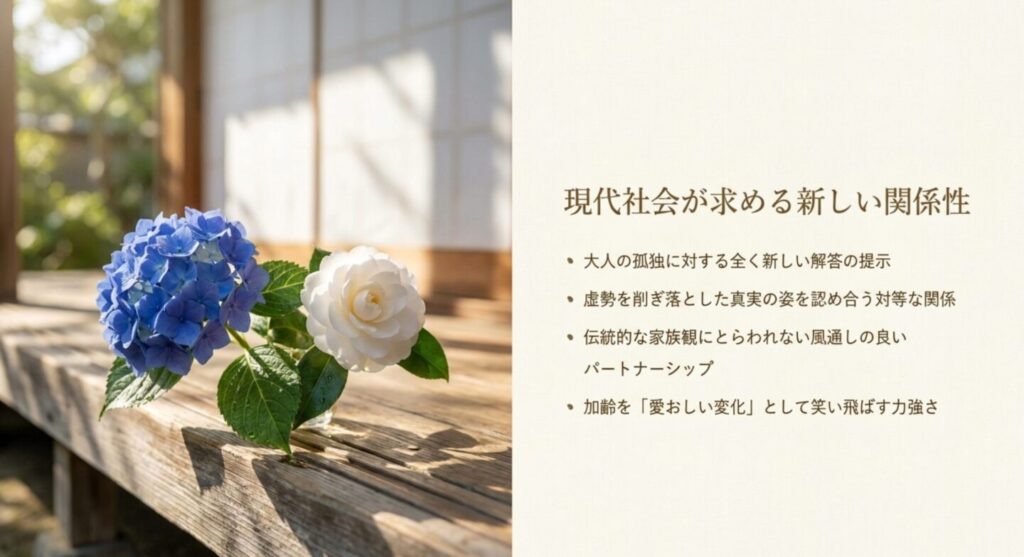 縁側に置かれた紫陽花と白い花・現代社会が求める新しい関係性