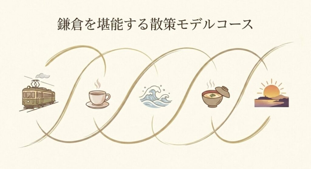 極楽寺駅から始まり海やカフェを巡るロケ地巡りモデルコースのイラスト