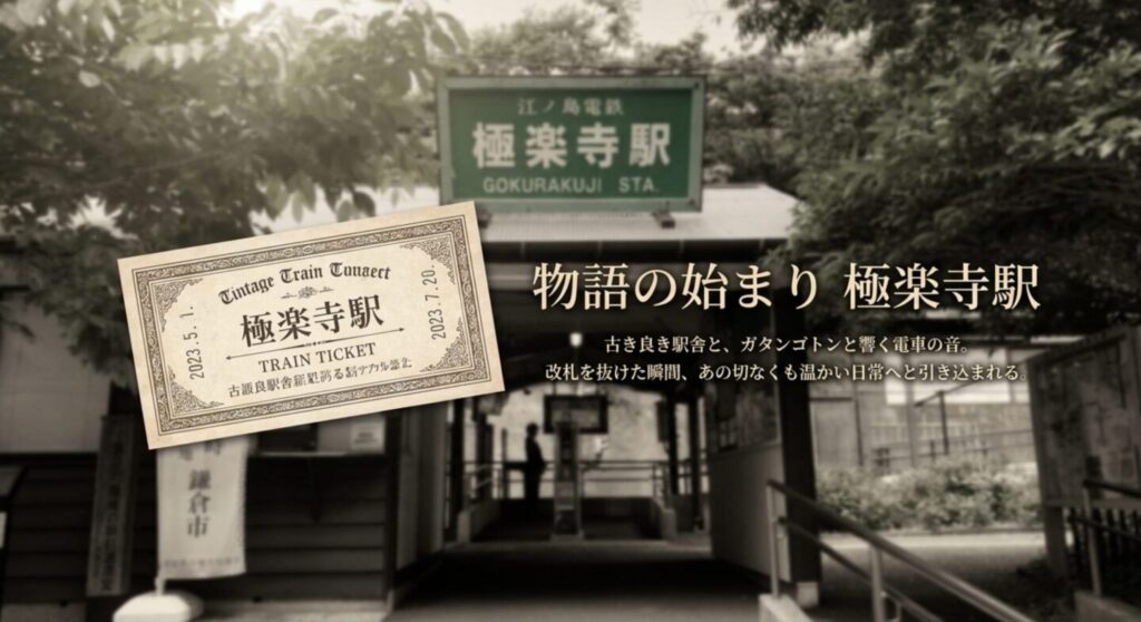 切符とスタンプがデザインされたレトロな極楽寺駅の風景