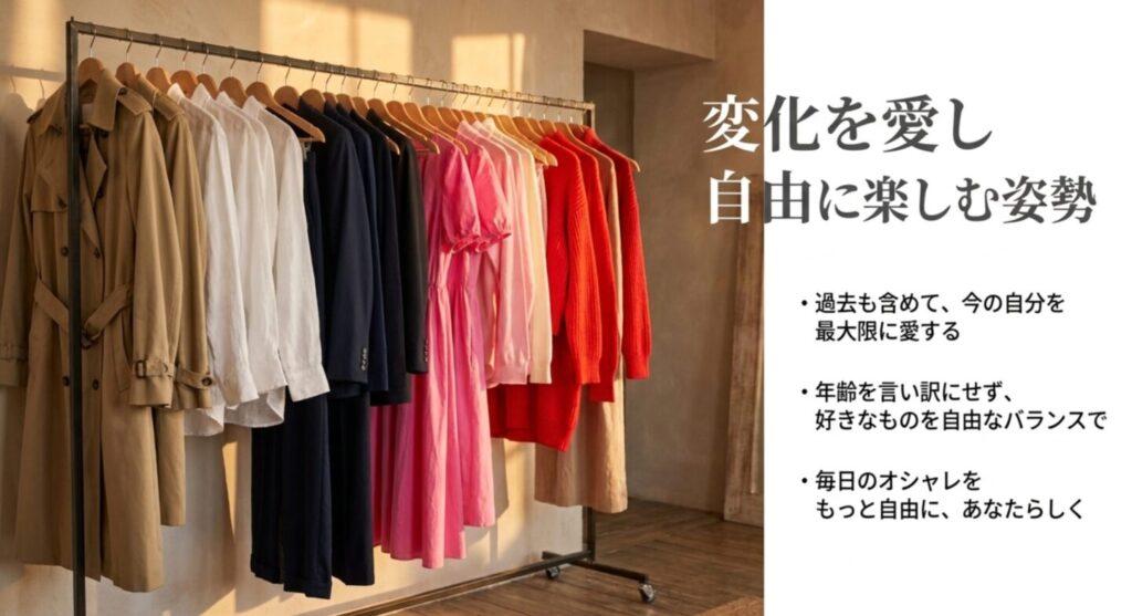 変化を愛し自由に楽しむ姿勢を解説したまとめスライド