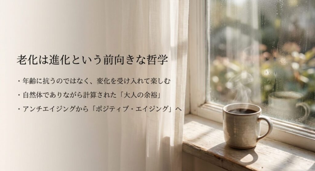 老化は進化という前向きな哲学を解説したスライド
