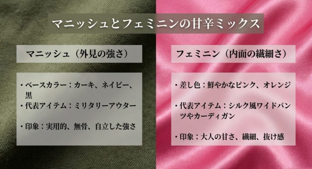 マニッシュとフェミニンの甘辛ミックスを解説したスライド