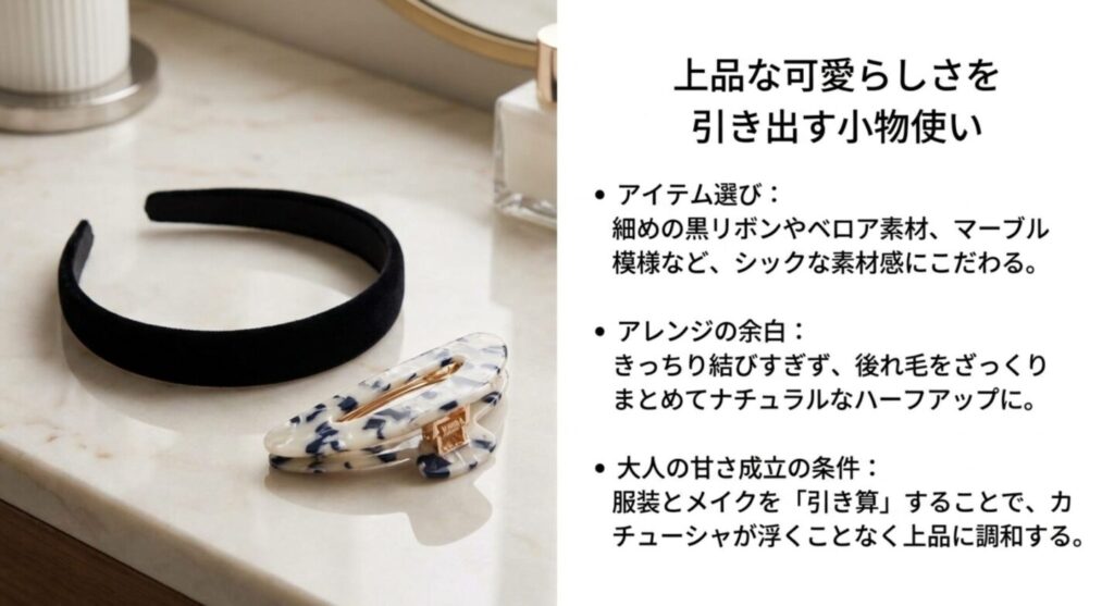 上品な可愛らしさを引き出す小物使いを解説したスライド