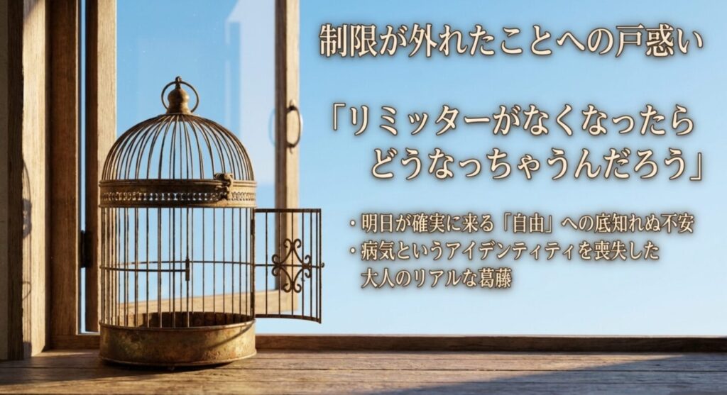 リミッターが外れた自由への戸惑いを示す開いた鳥籠
