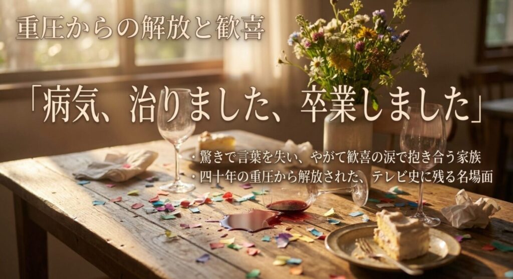 病気卒業の報告に驚き歓喜の涙で抱き合う長倉家の家族