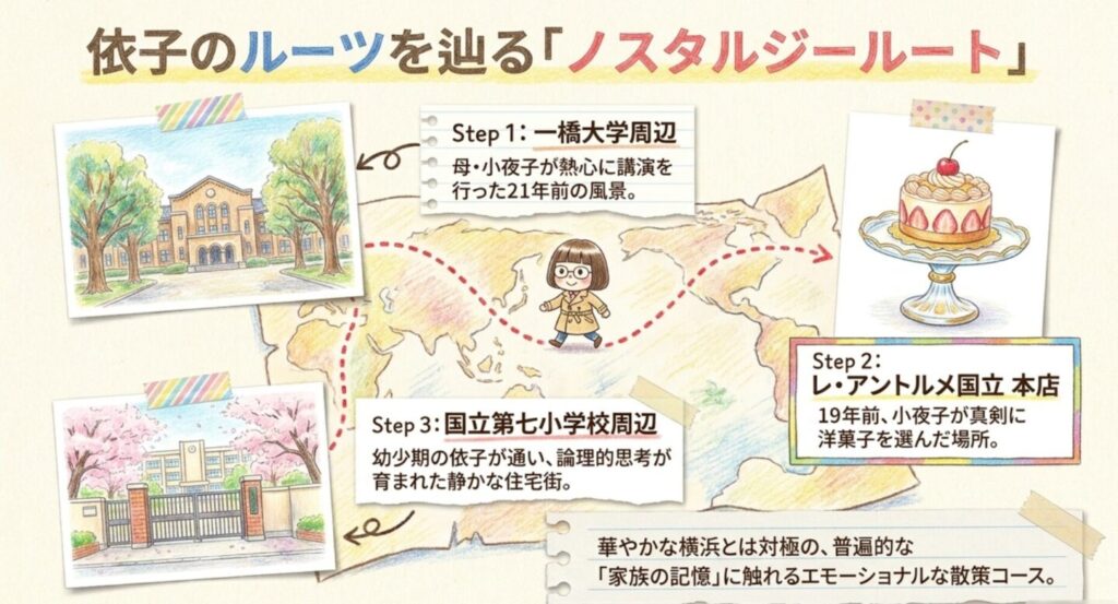 依子のルーツを辿るノスタルジールート(一橋大学、レアントルメ国立、国立第七小学校)