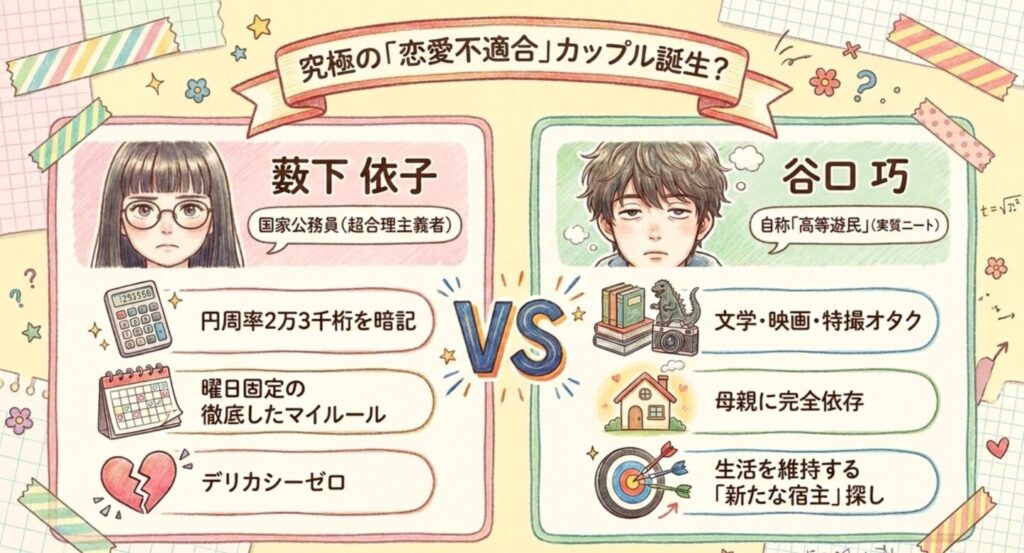 藪下依子と谷口巧の究極の恋愛不適合カップル比較