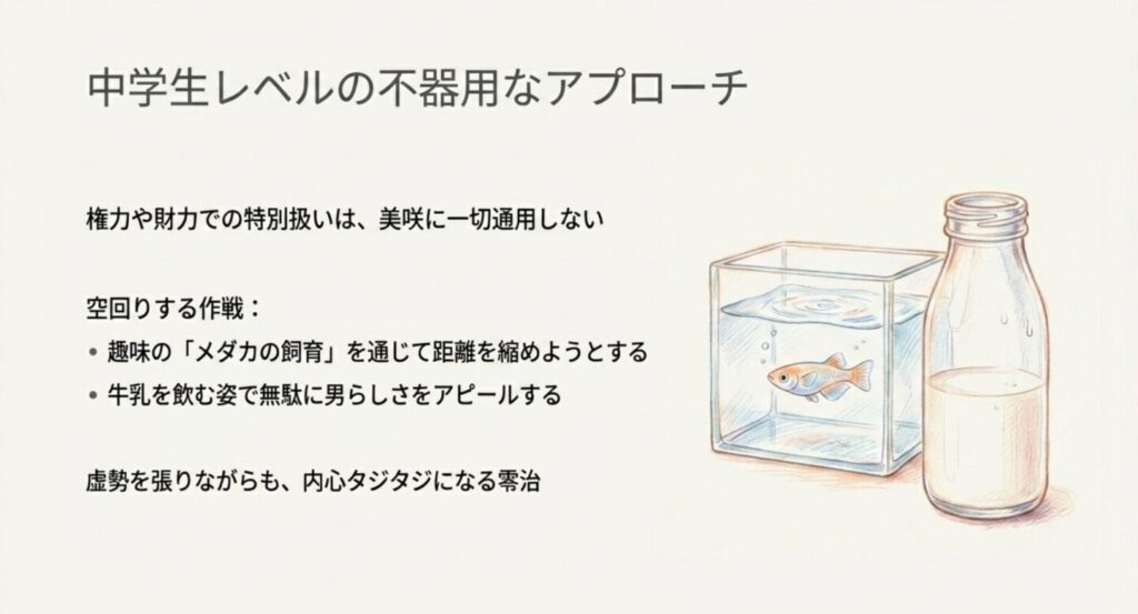 メダカの水槽と瓶牛乳のイラスト