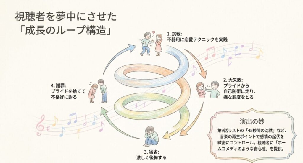 挑戦と失敗、猛省、謝罪を繰り返す成長のループ構造の図解