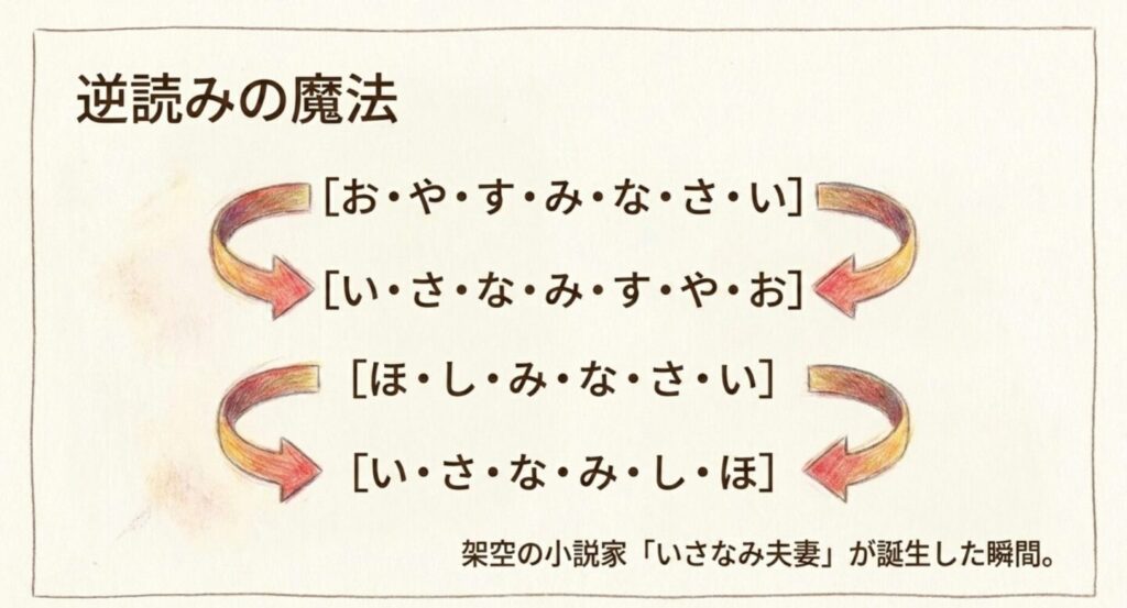 おやすみなさいの逆読みからいさなみすやおが誕生した瞬間