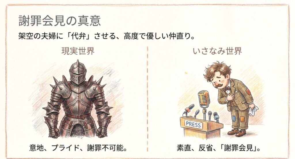 架空の夫婦に代弁させた謝罪会見による優しい仲直り