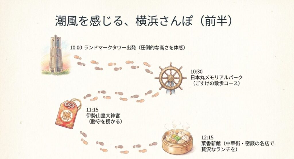 伊勢山皇大神宮の勝守や中華街の点心など午前中の横浜散策イメージ