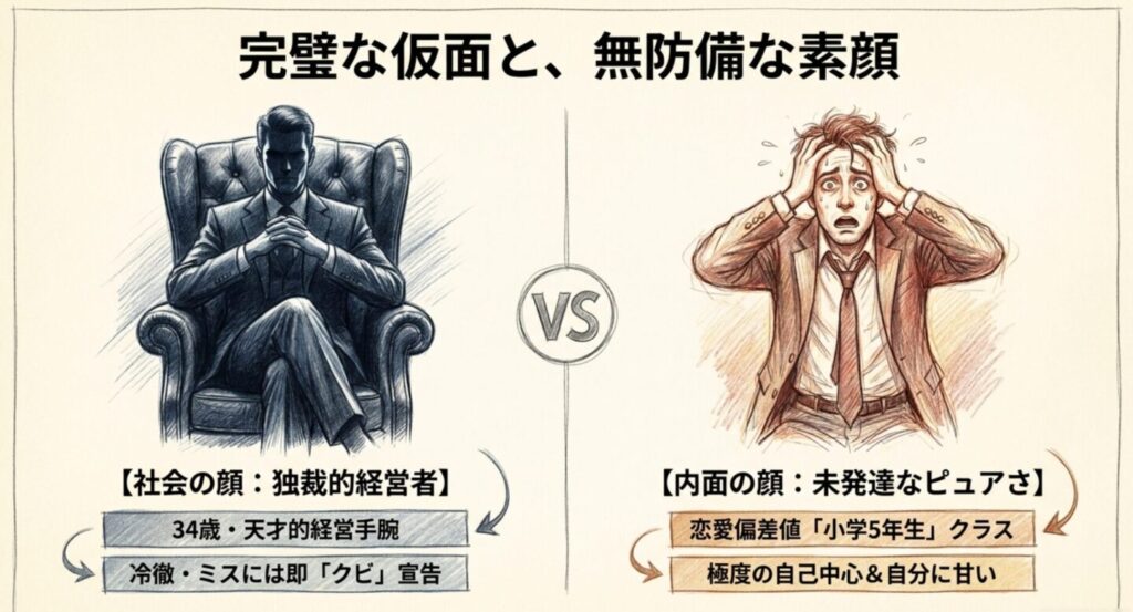 独裁的経営者としての社会の顔と恋愛偏差値小学5年生の内面の顔のギャップを解説するスライド