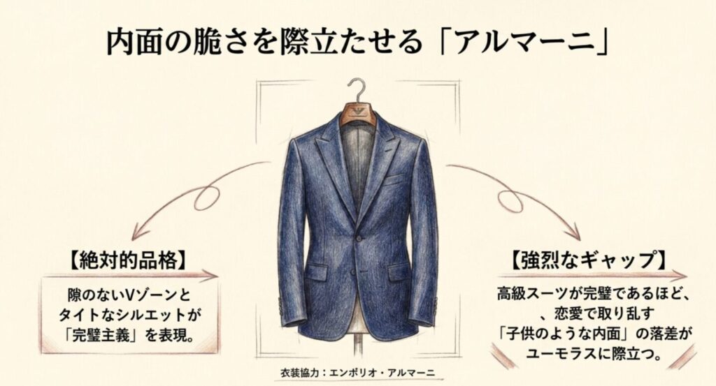 エンポリオ・アルマーニの完璧なスーツが恋愛で取り乱す子供のような内面とのギャップを際立たせる構造の解説スライド
