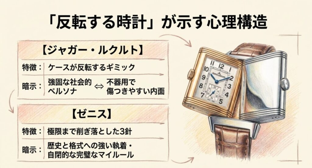 ジャガー・ルクルトの反転ギミックとゼニスの3針が示す社会的ペルソナと自閉的完璧主義のメタファースライド