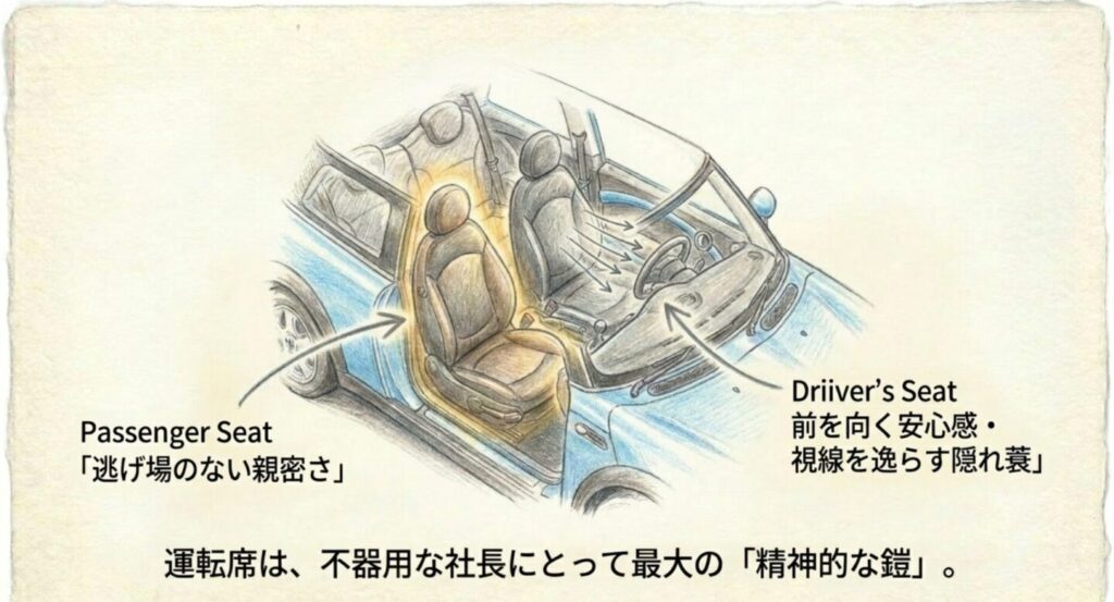 運転席が不器用な社長の精神的な鎧となっていることを示す解説図