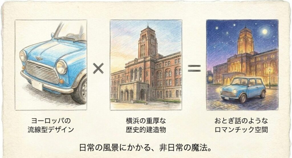 横浜の歴史的建造物と青いミニクーパーが調和するロマンチックな風景のイラスト